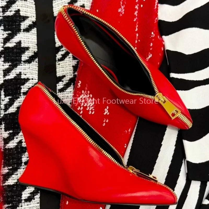 

Red Leather Front Zipper Pointed Toe Wedges Pumps Women Solid Slip On High Heels Novelty Fashion Party Catwalk Ladies Shoes New