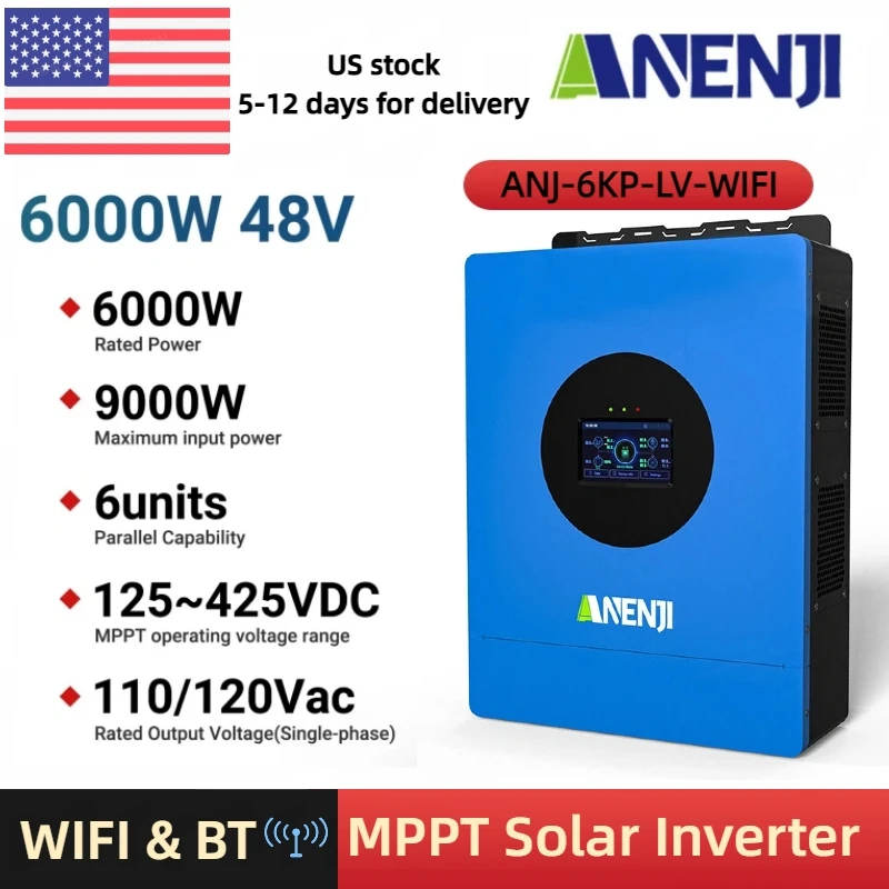 

Гибридный солнечный инвертор ANENJI 6 кВт 48 В 110/120 В (стандарт США) со встроенным контроллером заряда MPPT 120 А и Wi-Fi, двойной параллельный вход