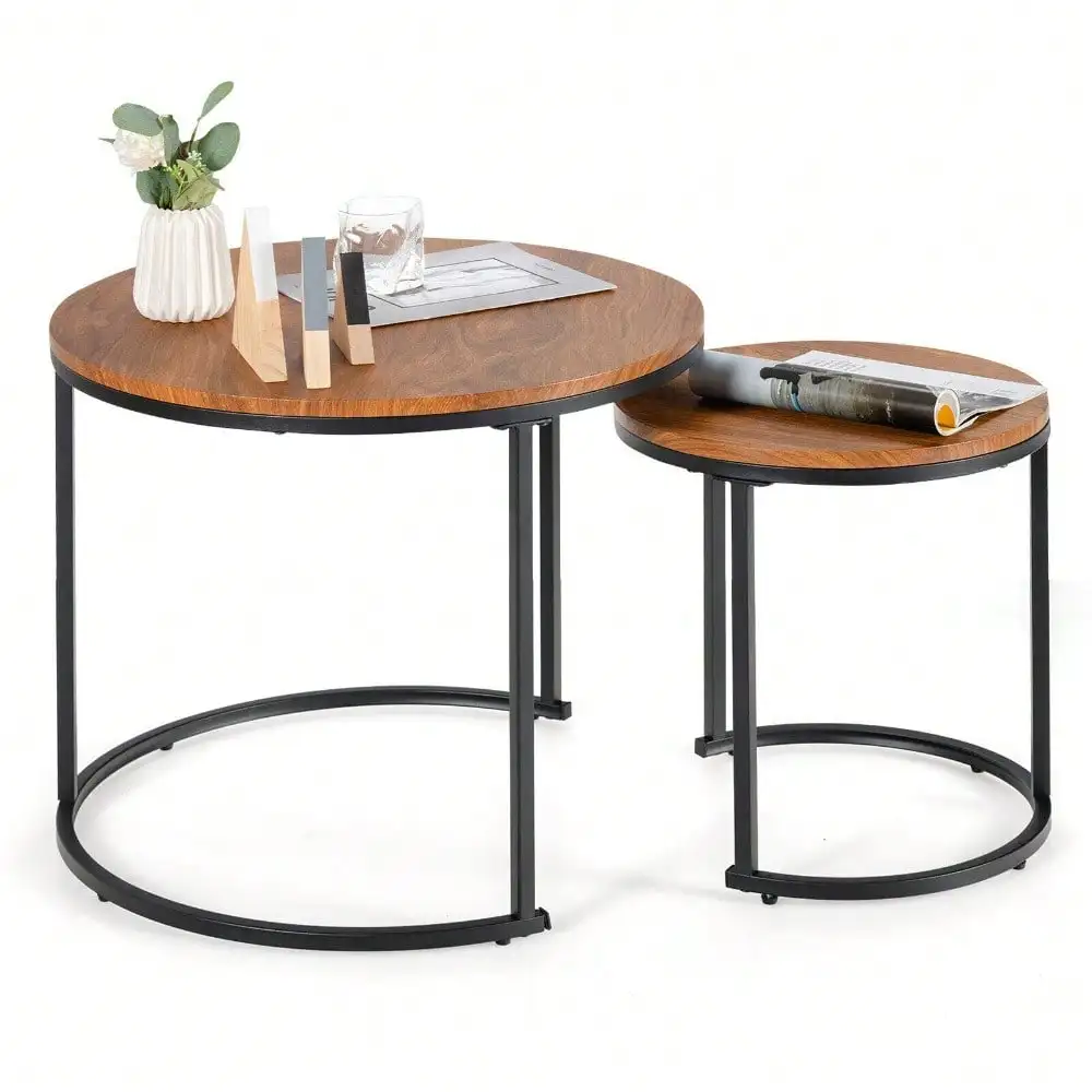

Compact Stacking Side Tables 2PCS Round Nesting Coffee Table w/ Wooden Tabletop