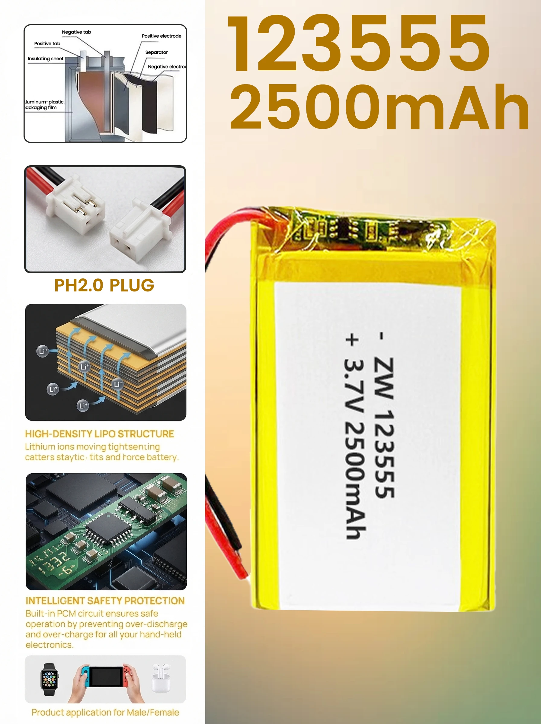 

3.7V rechargeable 123555 polymer battery for BLAUPUNK BP-HY01 eye protector massager battery 2500mAh