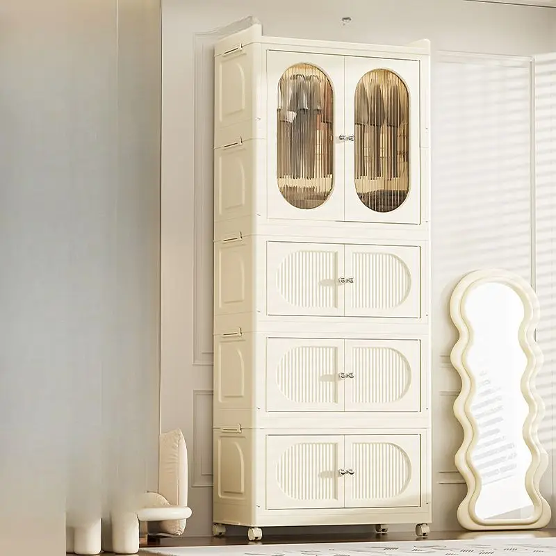 

Plastic Kids Wardrobe Storage Cabinet with Magnetic Door Armoire With Wheels For Family