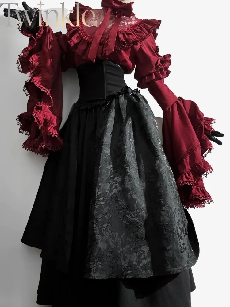 Gothic Lolita Hime Sleeve Blouse and Long Skirt 2pcs Set Plus Size Women Dark Cosplay Alt Fashion Slimming S-4XL
