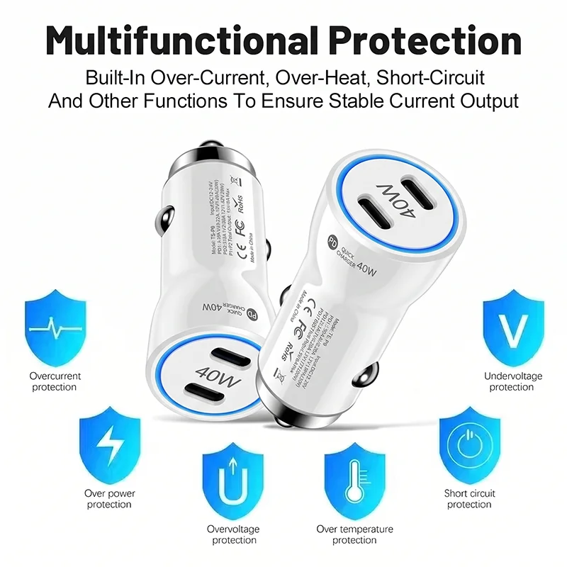 40W PD Car Charger Dual C Ports with Cool Blue LED Ring Ultra-compact Mini Car Phone Charger For Fast Multi-device Charging view 6