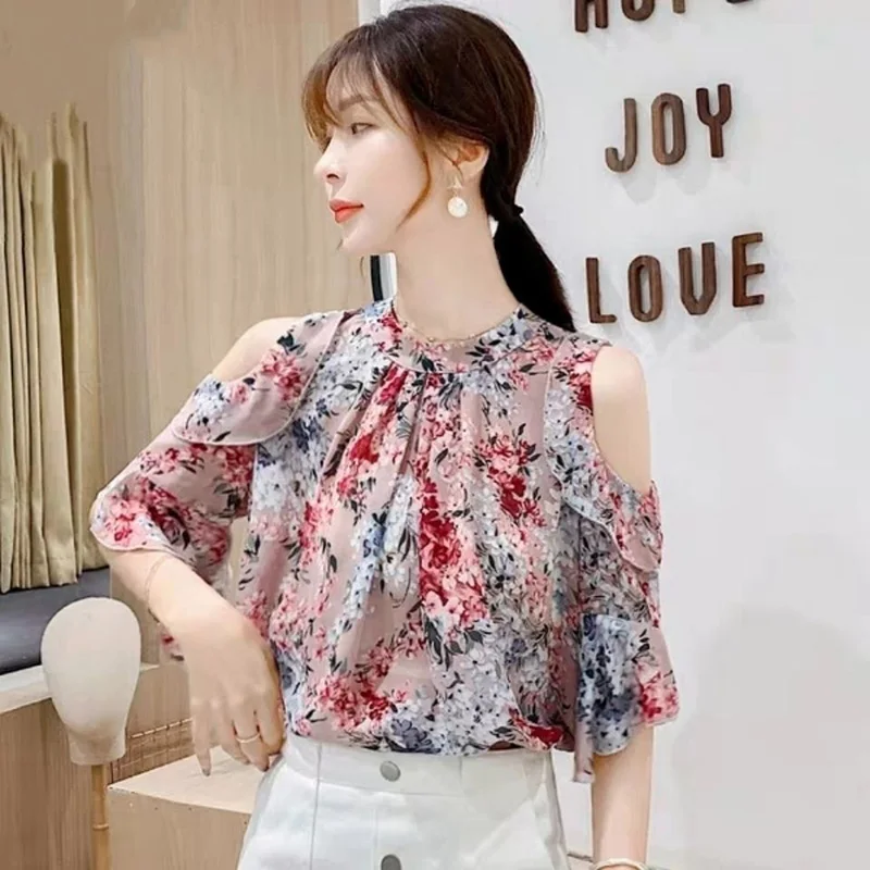 Fashion Off Shoulder Printed Butterfly Sleeve Oversized Chiffon Blouse Loose Summer Women\'s Clothing Shirt Casual Pullovers