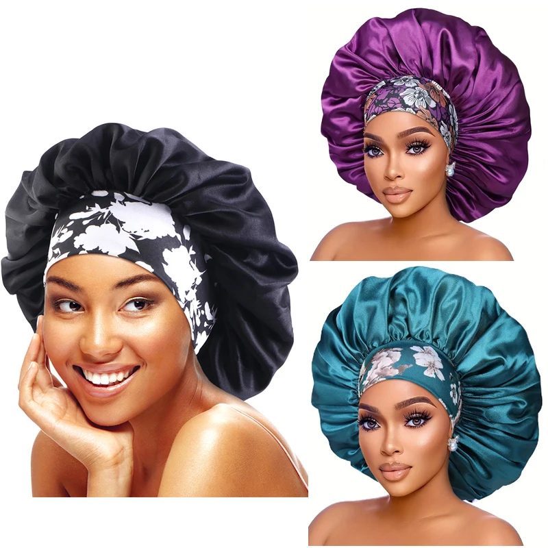 ​Large Satin Bonnet For Women Curly Hair Sleeping Silky Night Sleep Cap Head Cover Hat With Floral Elastic Wide Band Shower Cap