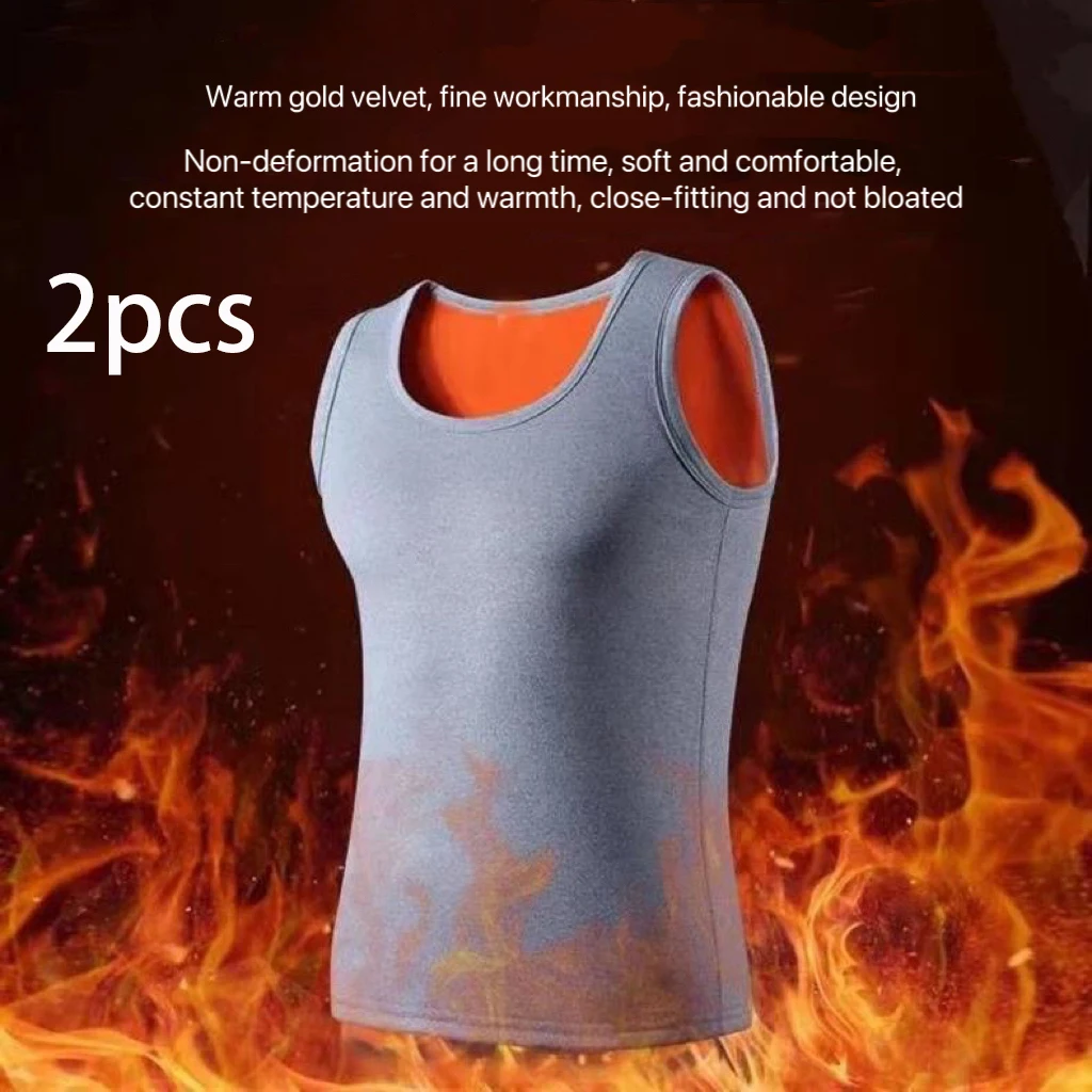 2pcs Men Thermal Vest Slim Fit Sleeveless Tank Tops Round Neck Warm Undershirt Autumn Winter Thickening Thermo Vest Underwear