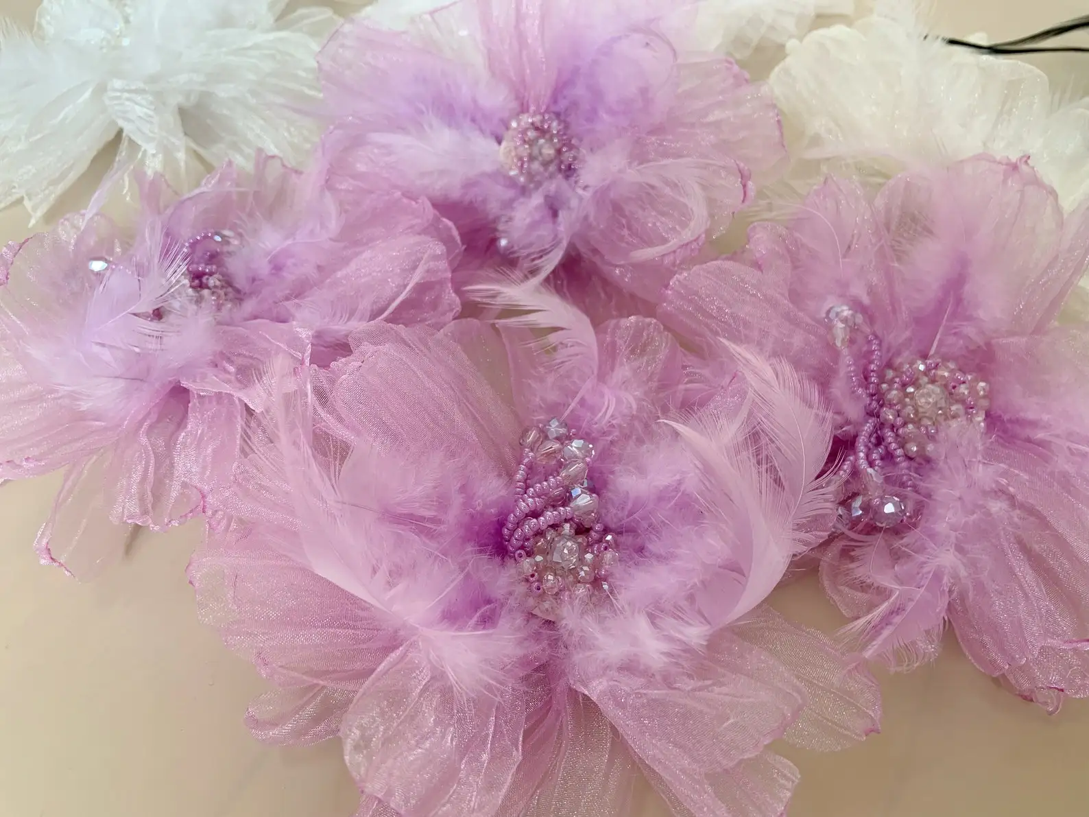 1 PCS Purple Bead Silk Flower Applique with Ostrich Feathers For Dress, , Handmade Organza Flower With Rhinestone For Millinery