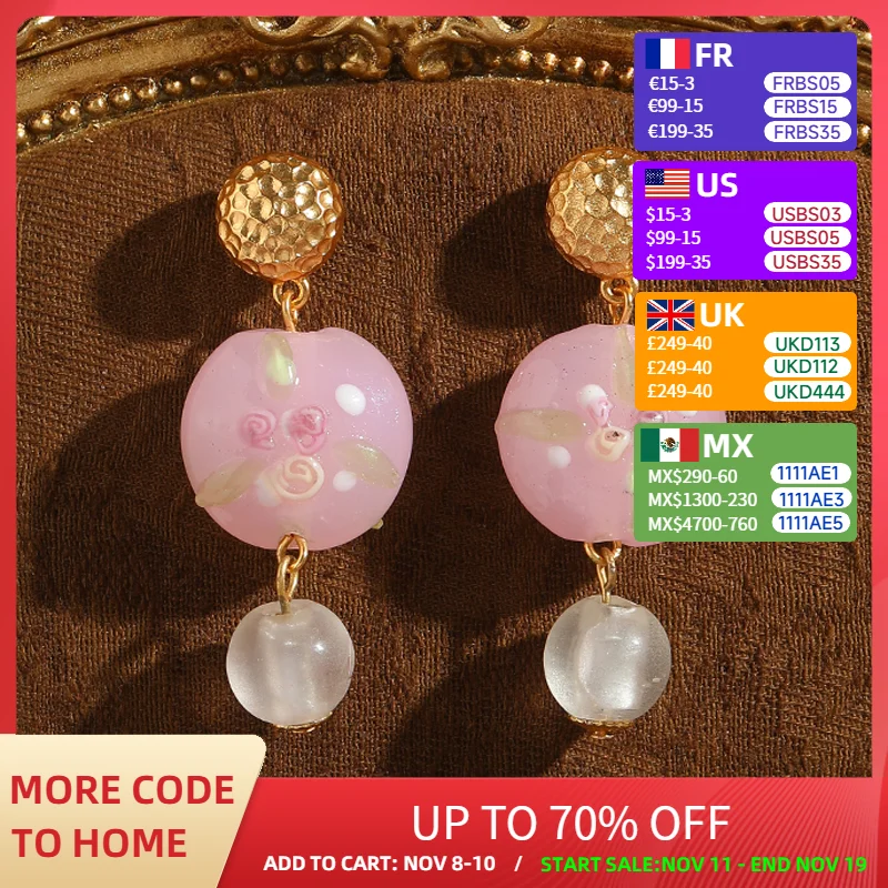 

Vintage Pink Flower Glass Drop Earrings Bead Pendant Gold Color Woman Trend 2025 Valentine Day Gift Luxury Quality Jewelry New