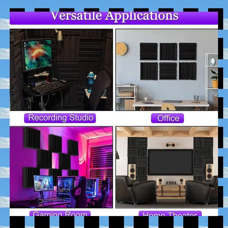 

ABME 24Pcs Self-Adhesive Acoustic Foam Panels,12 X 12 X 2 Inches Sound Absorbing Foam,Recording Studio Sound Proof Foam Black