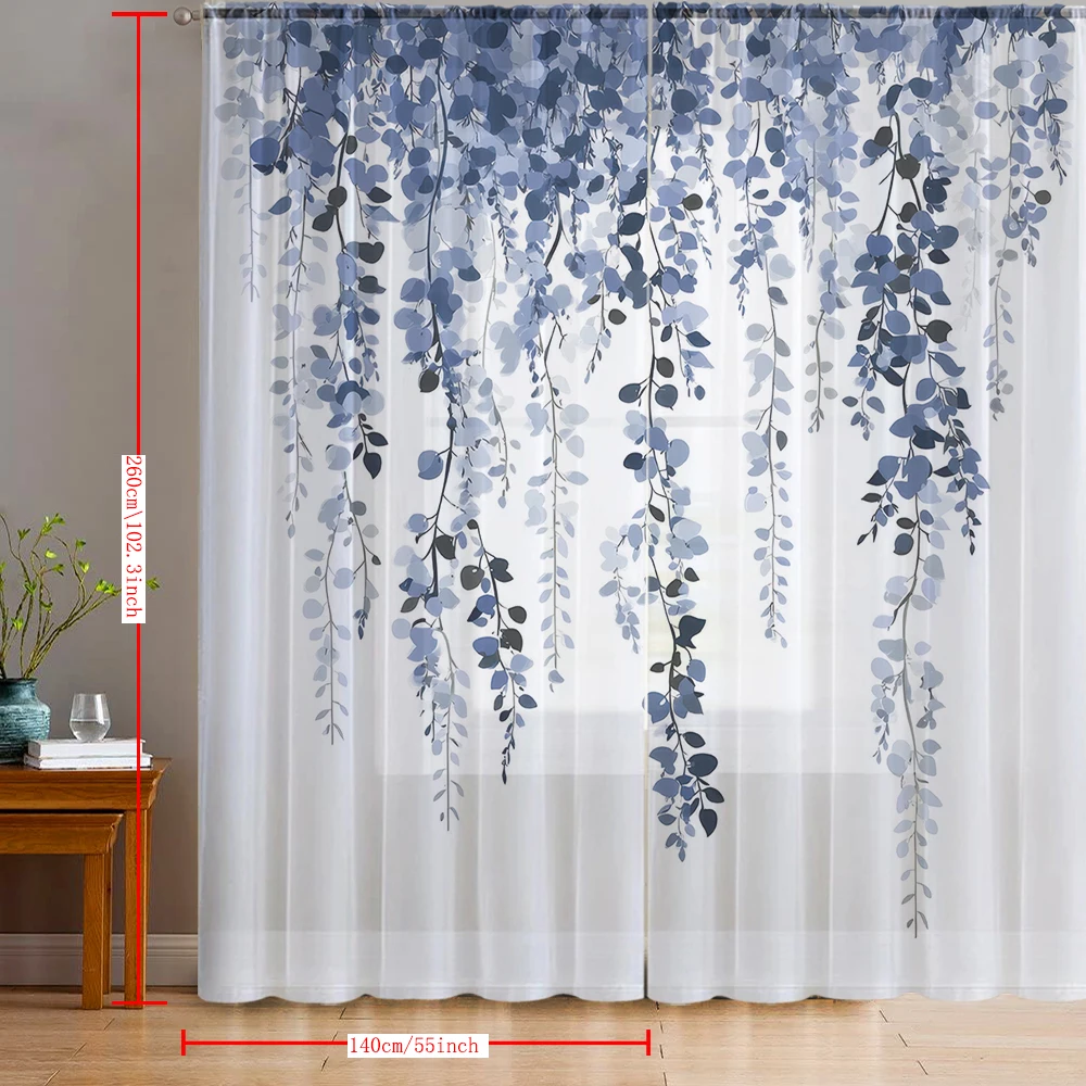 2PCS Home decoration blue butterfly printed window screens with pole bags, suitable for kitchens, cafes, and living rooms