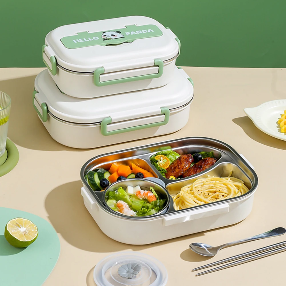 Stainless Steel Thermal Lunch Box Microwave Safe 2/4/5 Grids Lunch Container with Cutlery Set Panda for Children School Picnic