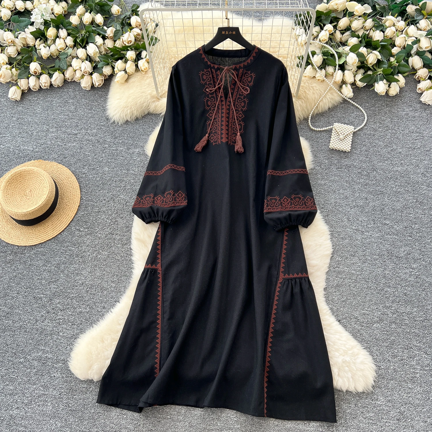Chic vintage ricamato sciolto sottile elegante fata moda coreana Boho vestito estivo abbigliamento donna Abito lungo