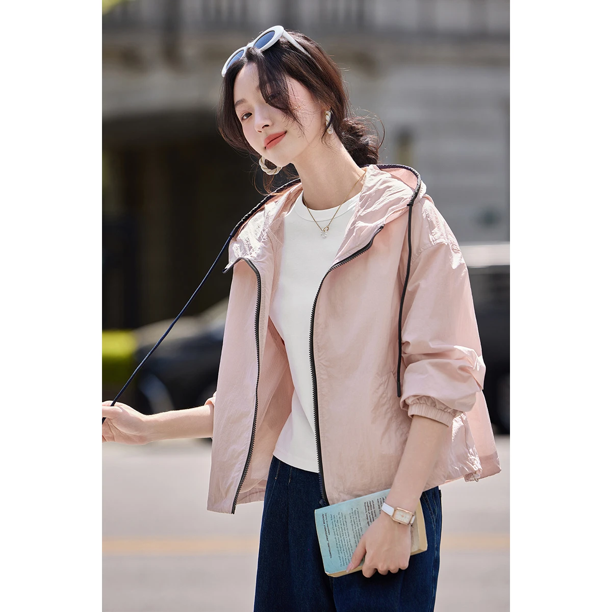 سترة صيفية عصرية للسيدات من SENTUBILA لعام 2025 سترة غير رسمية بقلنسوة وأكمام طويلة وردية اللون ملابس نسائية W52WB1845 #5