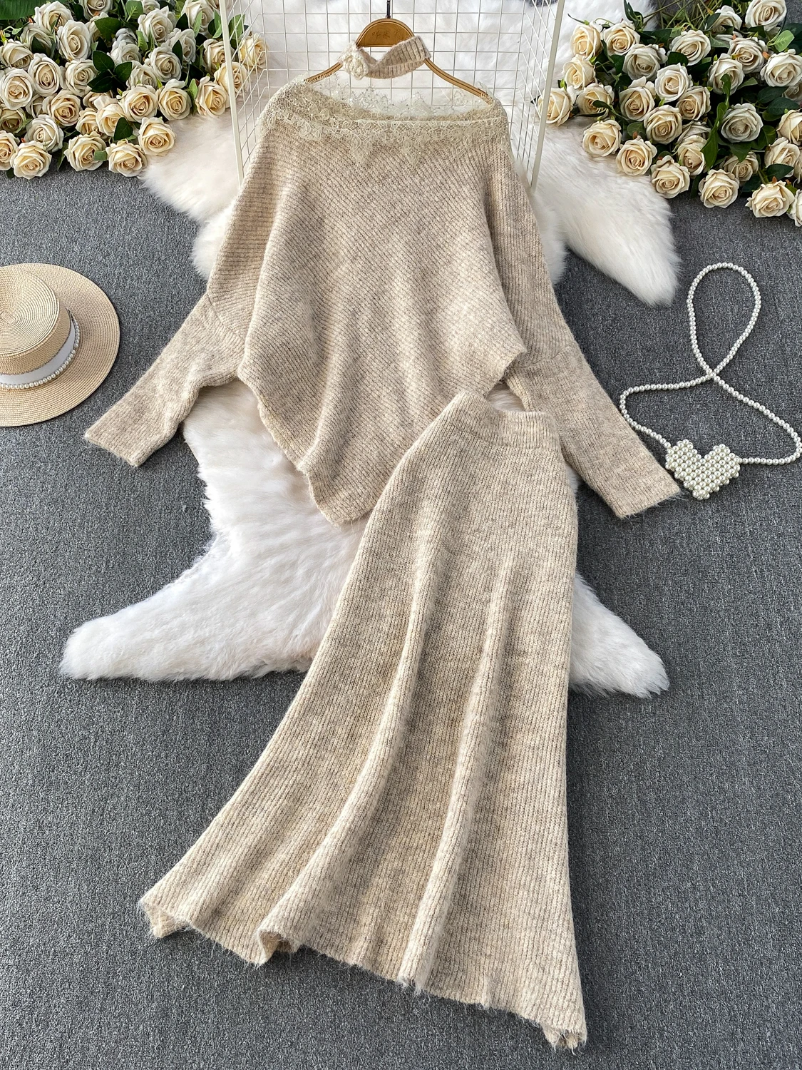 레이스 스플라이싱 헤비 니팅 소프트 플러 원숄더 비대칭 니트 탑과 스커트 세트 따뜻하고 두꺼운 겨울용...