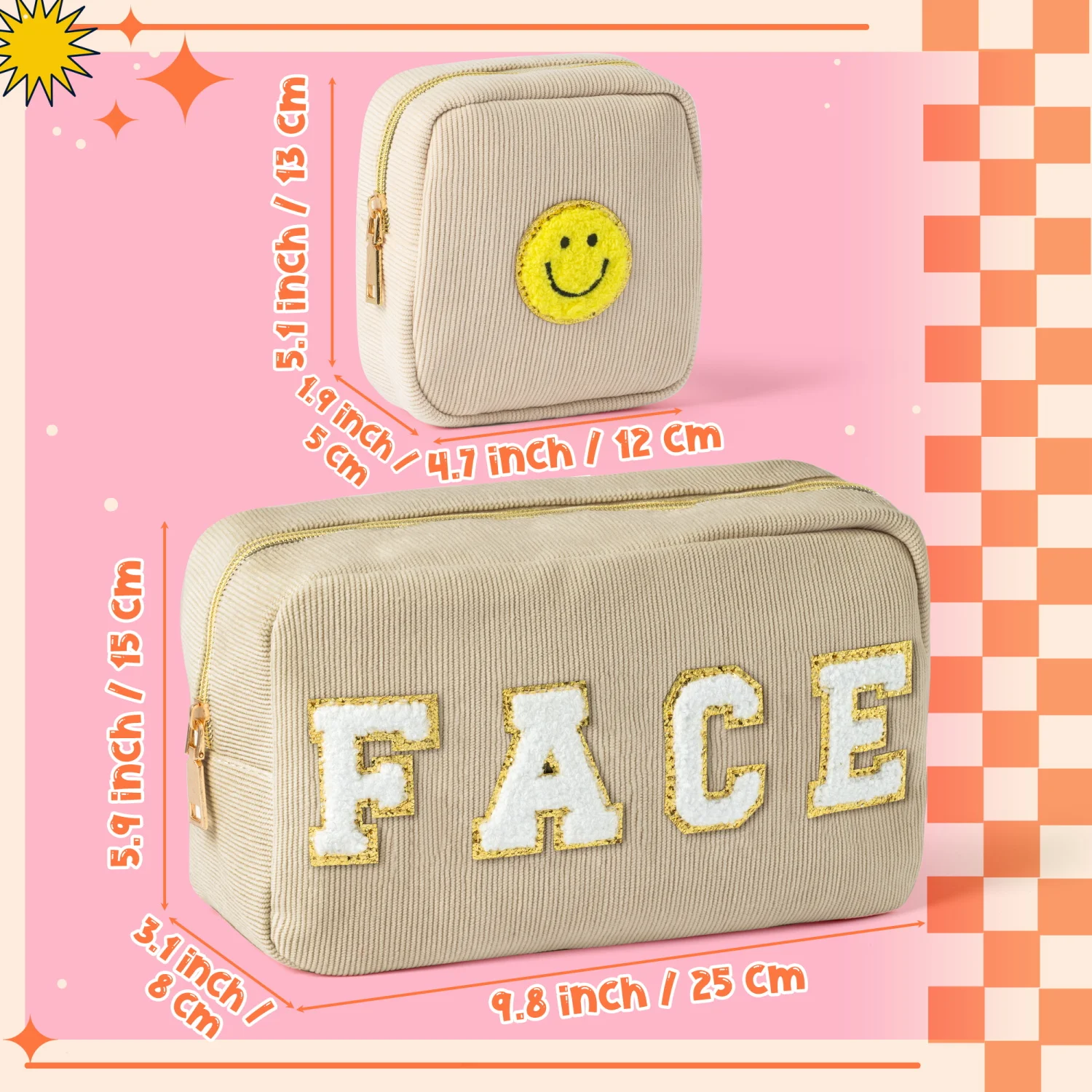 3/5Pcs Smile Patch Makeup Bags Set,Preppy Letter Mixed Cosmetic Storage Bags Decor for Birthday,Travel,Back To School,Gathering