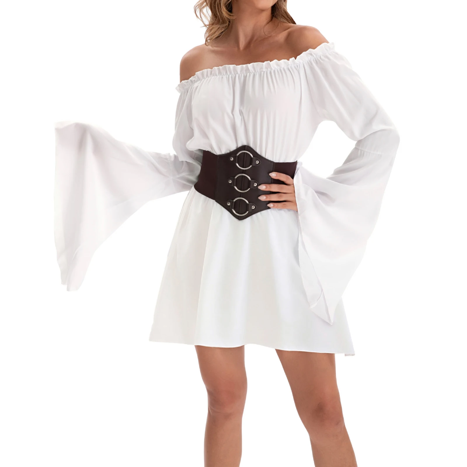 Nuova camicia da donna vestiti rinascimentali tinta unita manica lunga con spalle scoperte con cintura in vita costumi da pirata cosplay di Halloween