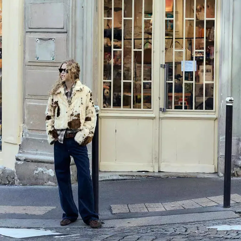 Beige revers nepbont jas met rits streep patchwork kort nep konijn harige jas pluizige pluche jas warme dikke overjas met ritssluiting