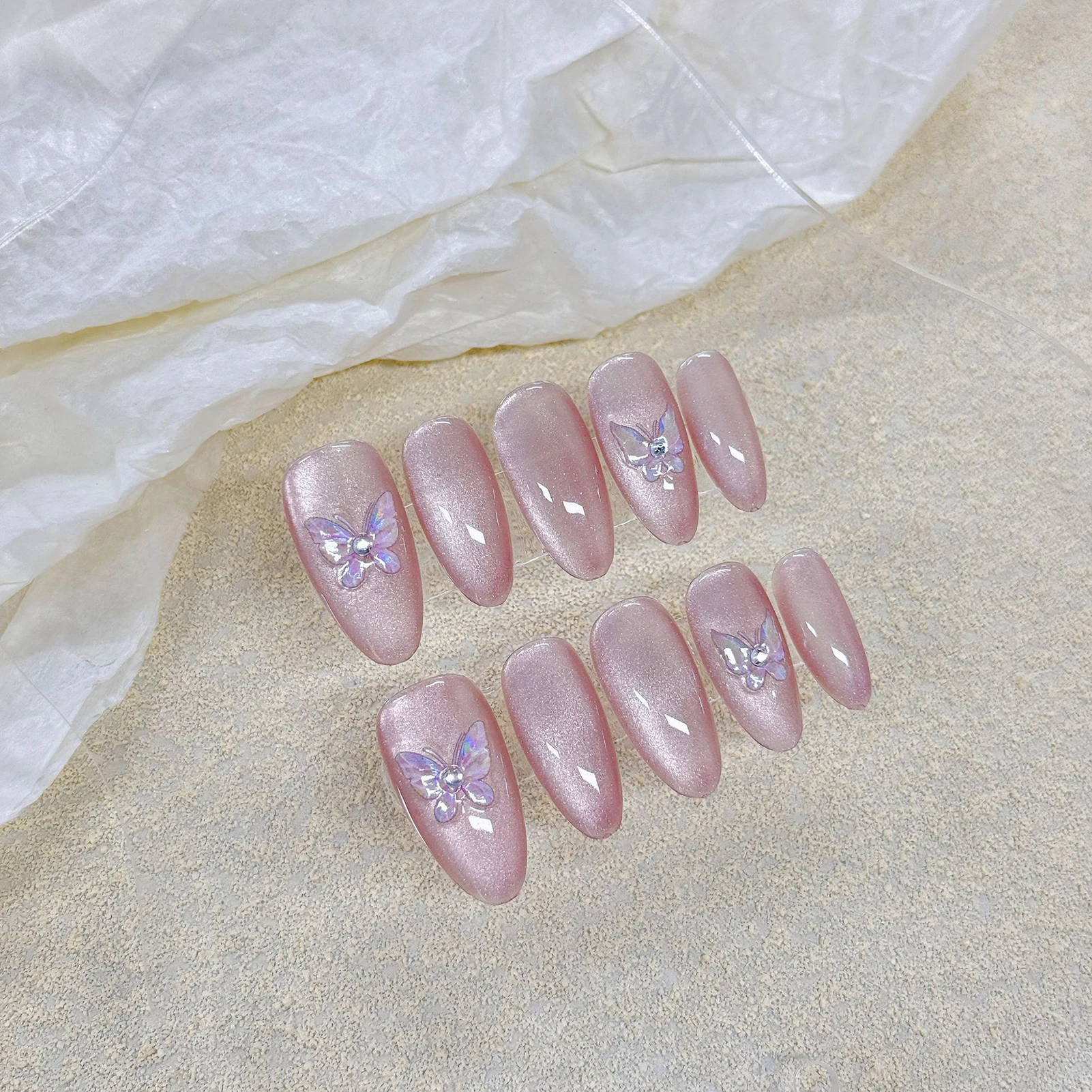 10pcs Handmade Sparkling Butterfly False Nails Press On Acyrlic Nails Long Almond Wearable Crystal Cat's Eye Fake Nails Finished