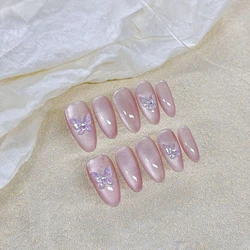 10pcs Handmade Sparkling Butterfly False Nails Press On Acyrlic Nails Long Almond Wearable Crystal Cat's Eye Fake Nails Finished