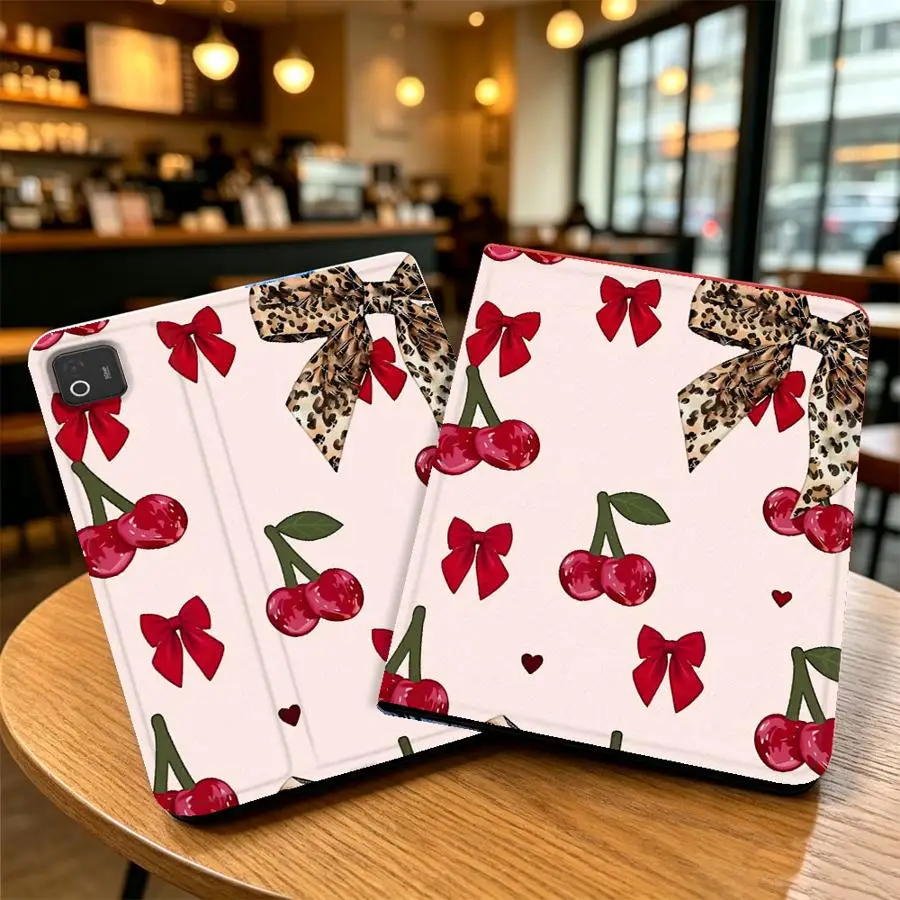 Cherry Leopard Bow With Pencil Holder Case for Xiaomi Pad 5 6 7 8 Pro Redmi Pad SE K Pad 8.8 9.7 12.4 Inch Pad 6s Pro 7 Ultra