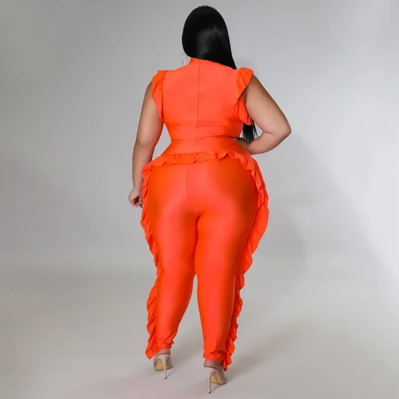 KEXU-mono con volantes laterales para mujer, conjunto de una pieza sin mangas, con cuello redondo, color naranja y negro, para fiesta y calle, talla grande