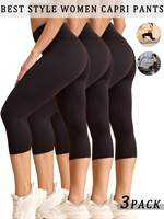 3 Pack Women's High Waisted Capri Super Soft Tummy Control No See Through Workout Yoga Running Athletic Push Up Gym Leggings