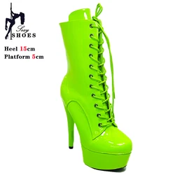 New Green Boot for Women 15CM High Heels Zip Ankle Boots Lace-up Knight Sexy Pole Dancing Platform Stripper Shoes WESTERN Boots