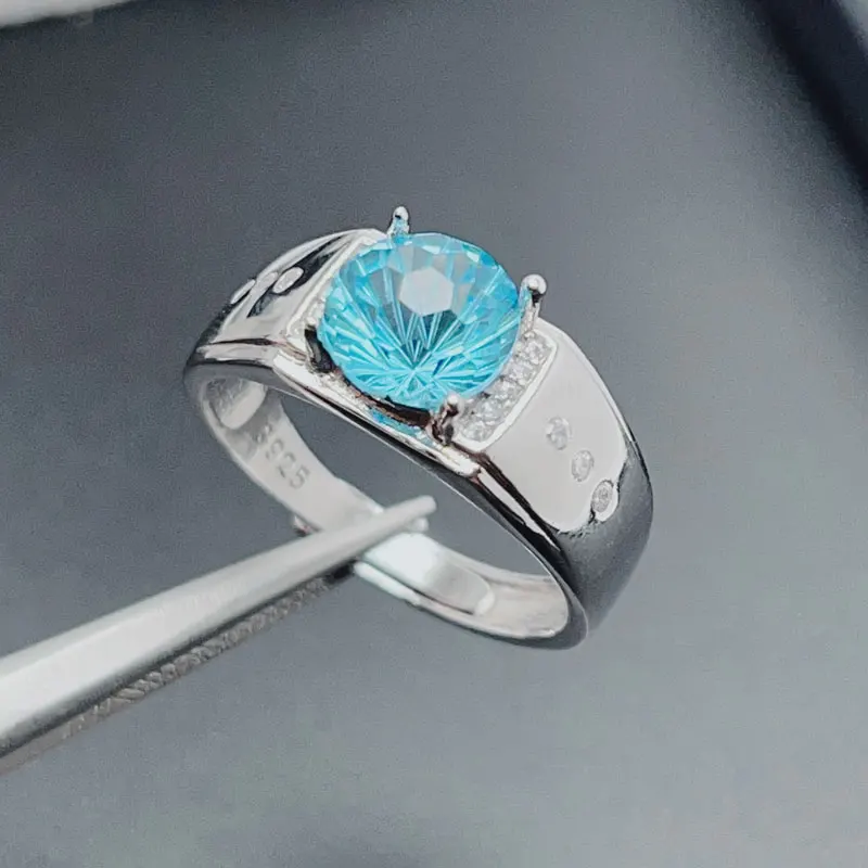 

Pure Blue Topaz Men Ring 8mm VVS Grade 2ct Natural Topaz Silver Ring 18K Gold Plated 925 Silver Gemstone Jewelry for Men