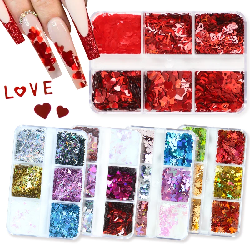 6 Grids Holographic Nail Art Glitter Sequins Maple Leaves Laser Star Heart Paillette Flake DIY Manicure 3D Nail Decoration Tools