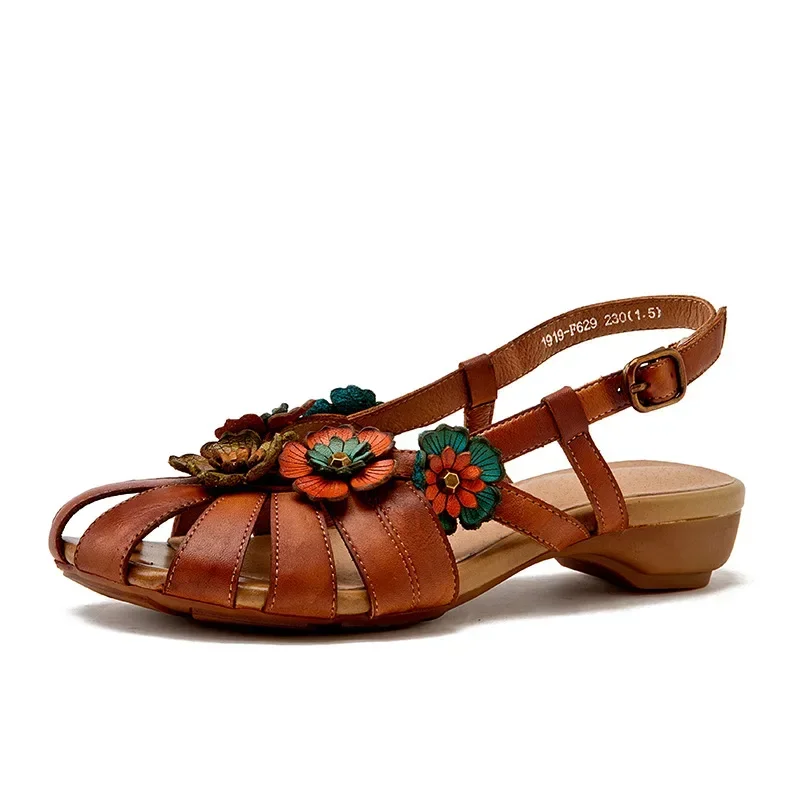 Summer New Real Leather Sandals Women's Flowers Ethnic Style Comfortable  Casual Cowhide Retro Women's Shoes Health