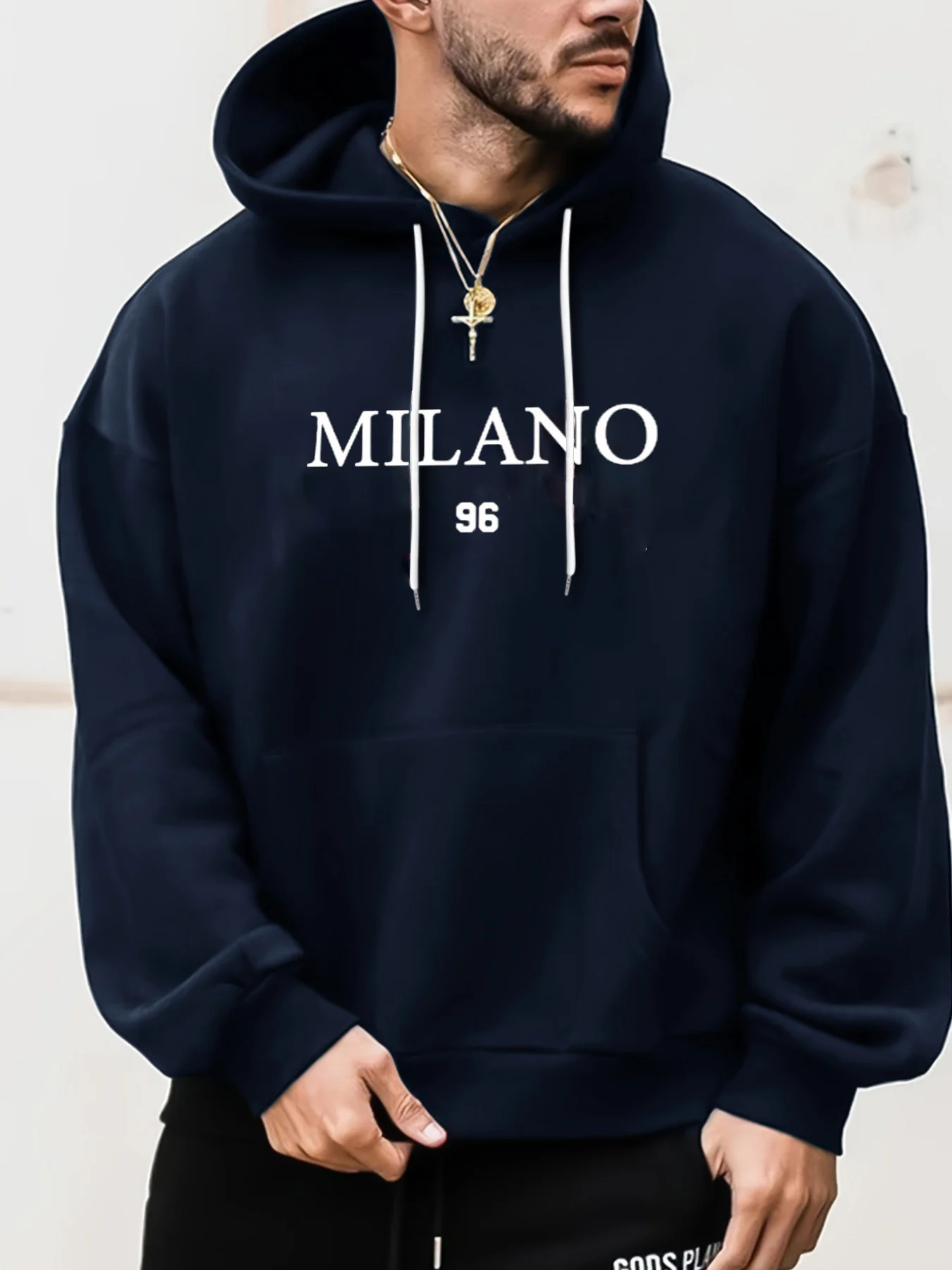 Men\'s autumn and winter fashionable casual loose oversized MILANO 96 printed fleece pullover hooded long sleeved sweatshirt