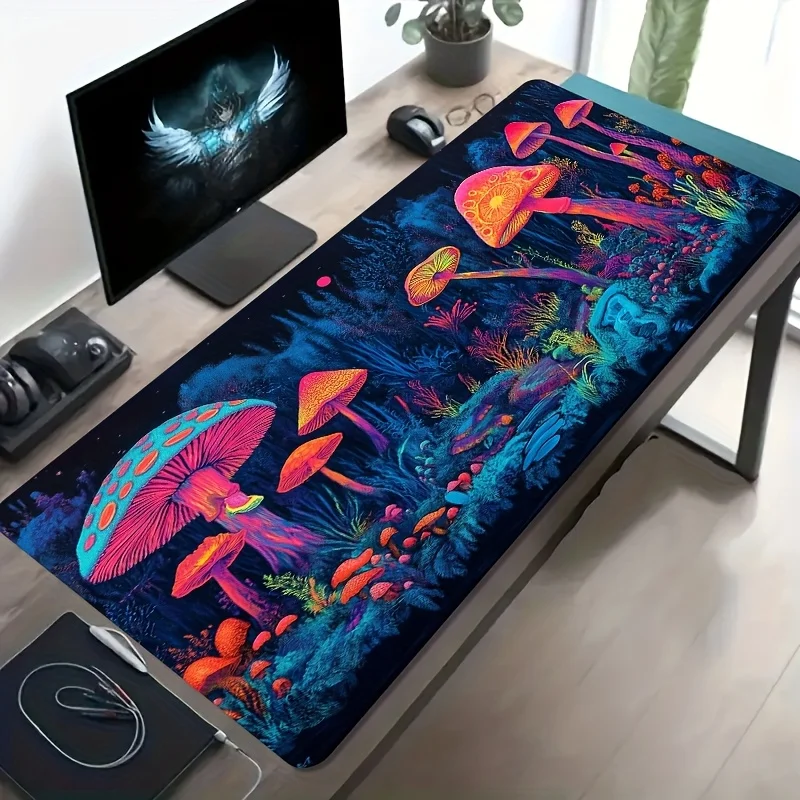 Brand Oversized Gaming Desk Mat Glowing Mushroom Fantasy Forest Pattern Large Non Slip Washable Rubber Base Mouse Pad Home Offic