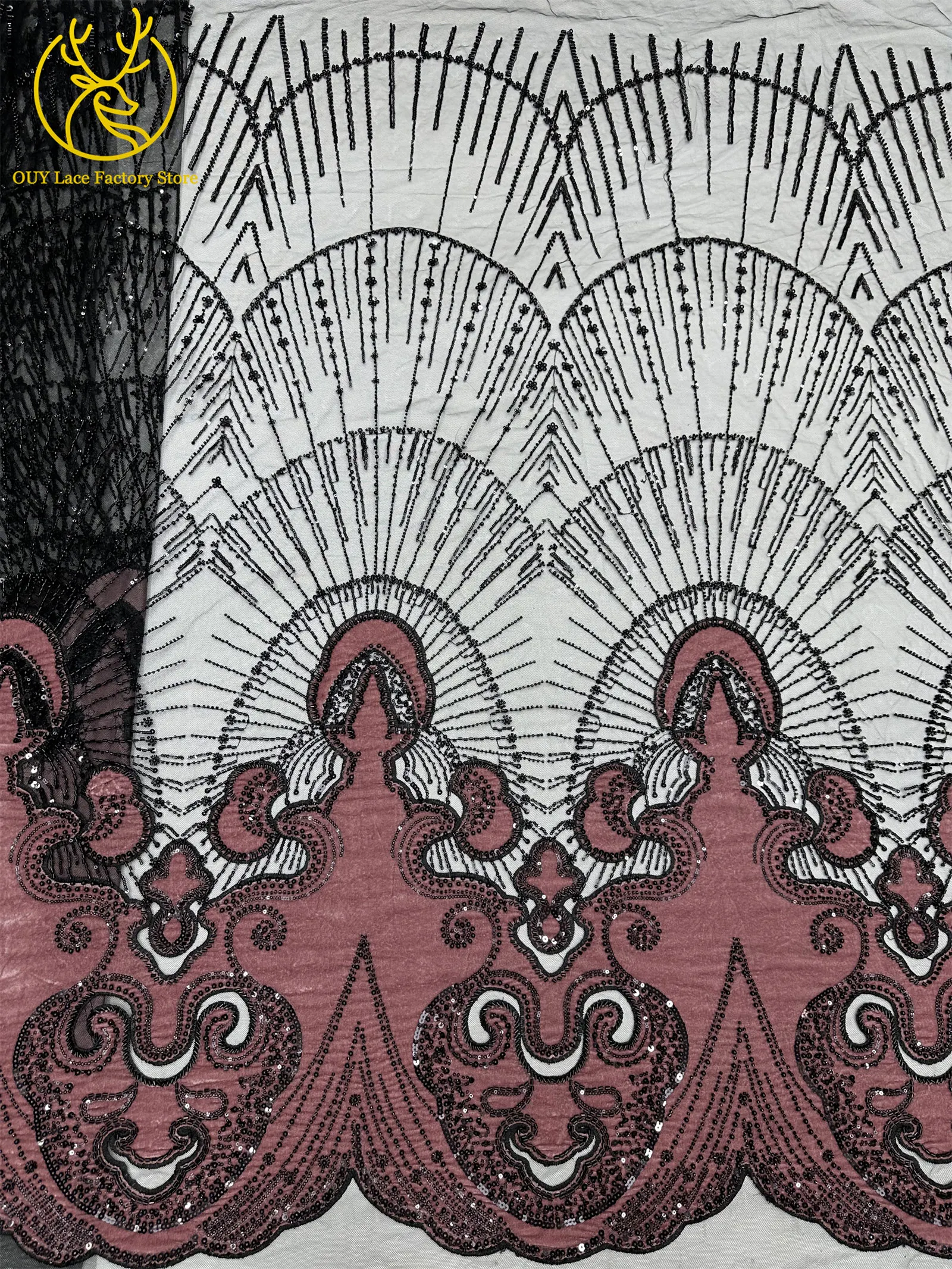 Luxuriöser afrikanischer Samtstoff mit goldenen Perlen und Pailletten, 5 Yards, weinrot, bestickter französischer Tüll für Damen-Partykleider – Detail 15