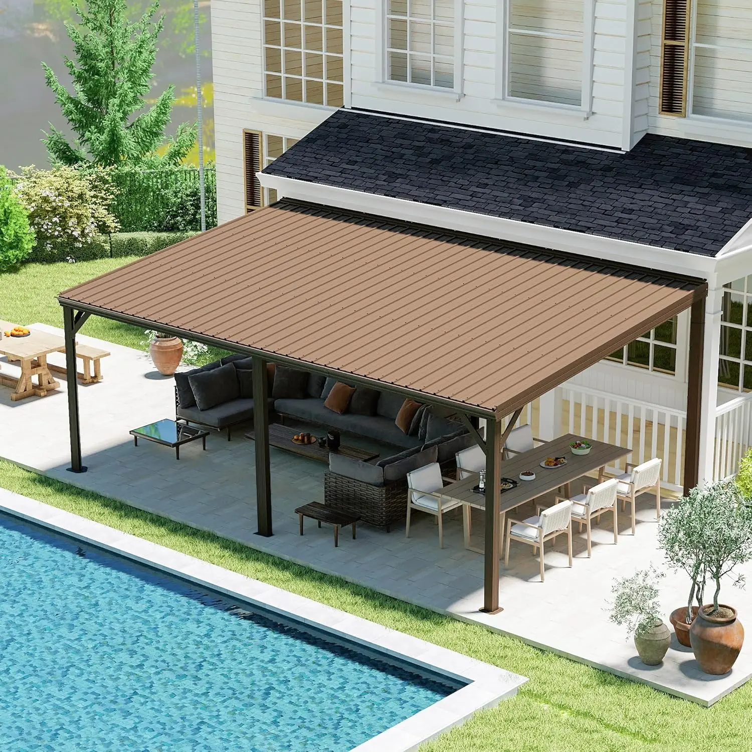 ！@12x20 FT Lean to Gazebo, Wall Mounted Gazebo with Built-in Drainage, Galvanized Steel Roof, Hardtop Patio, Brown