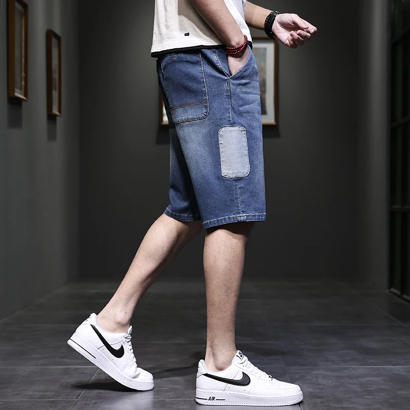 

Deep Blue Patchwork plus Size Men's Jeans orts Straight Leg Trendy Summer 5-Point Middle Pants Cotton Polyester Blend