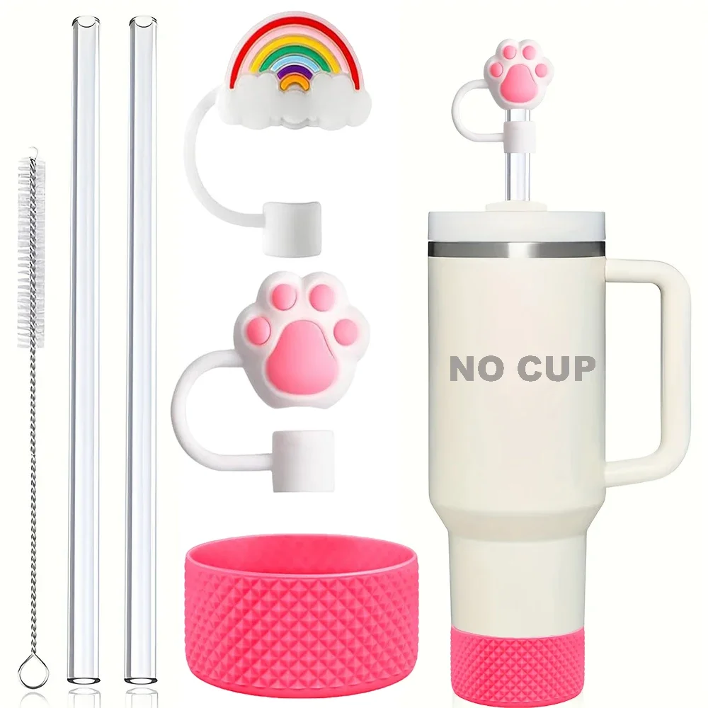 6pcs Accessories for Stanley Tumbler 2pc Straws with Cleaning Brush 2pc Straw Cover Cap 1pc Silicone Boot with Diamond Texture