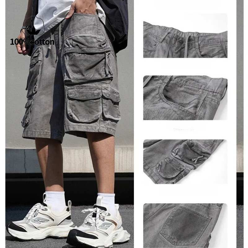 

Шорты-карго из 100% хлопка с несколькими карманами, эластичным поясом и винтажным эффектом стирания — окрашенные пятнами серые