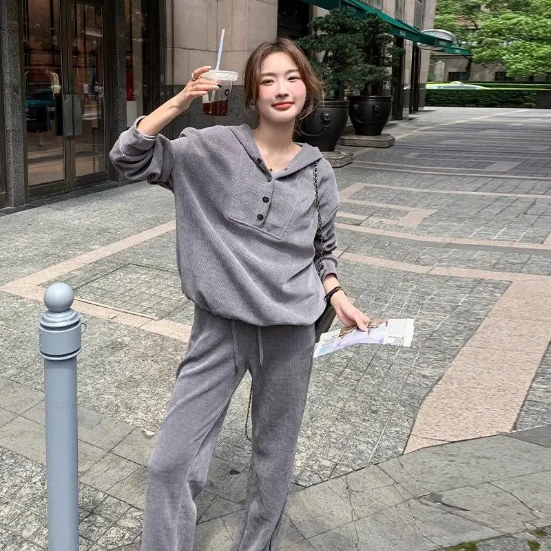 

Women's Spring Autumn Casual Sporty Hooded Sweatshirt Pants Two Piece Suits Lady Gray Loose Tops Split Wide Let Trousers Outfits