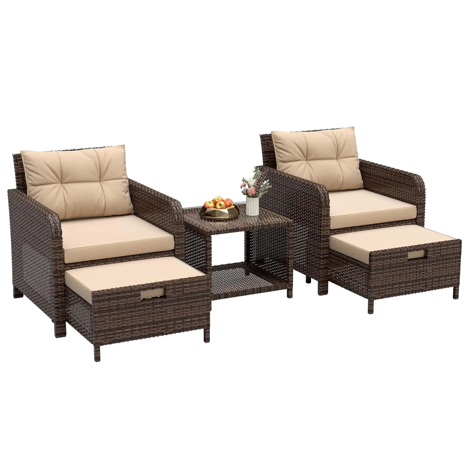 5 Piece PE Wicker Rattan Outdoor Furniture Set Soft Thick Cushions Coffee   Hidden Storage Ottoman Customized for Porch Lawn