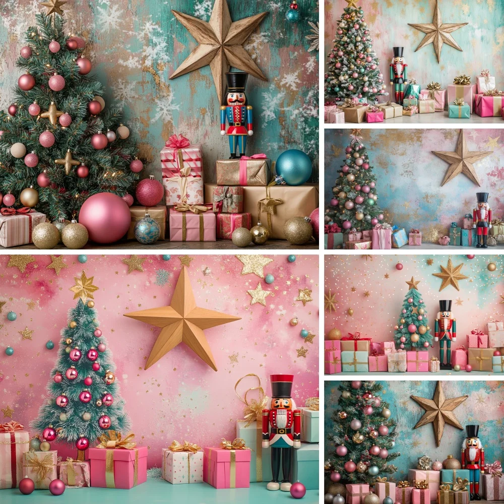 

Pink Christmas Backdrop for Photography Sparkling Stars Xmas Tree Cloud Gift Family Holiday Party Kids Portrait Photo Background