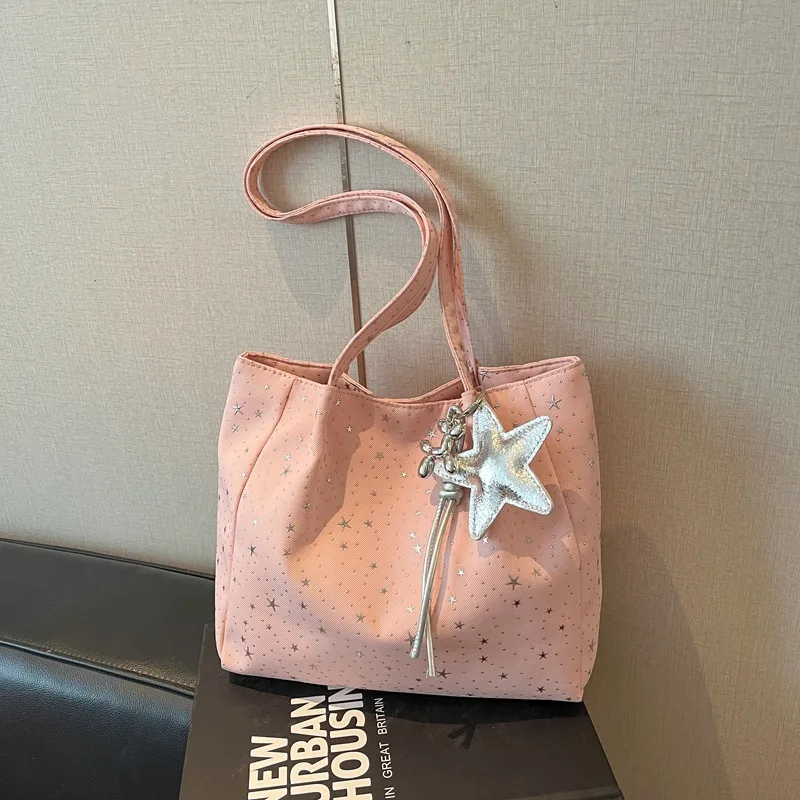 Folded Canvas Shoulder Bag Women Star Casual Minimalist Underarm Tote Bag Fashion Versatile Pink Commuting Bag With Accessories