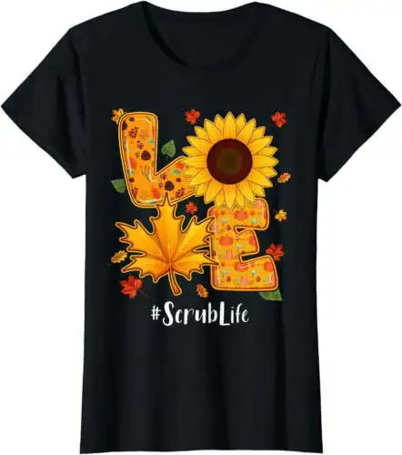 Love Scrub Nurse Life Thanksgiving Autumn Fall Maple Leaf T-Shirt For Women