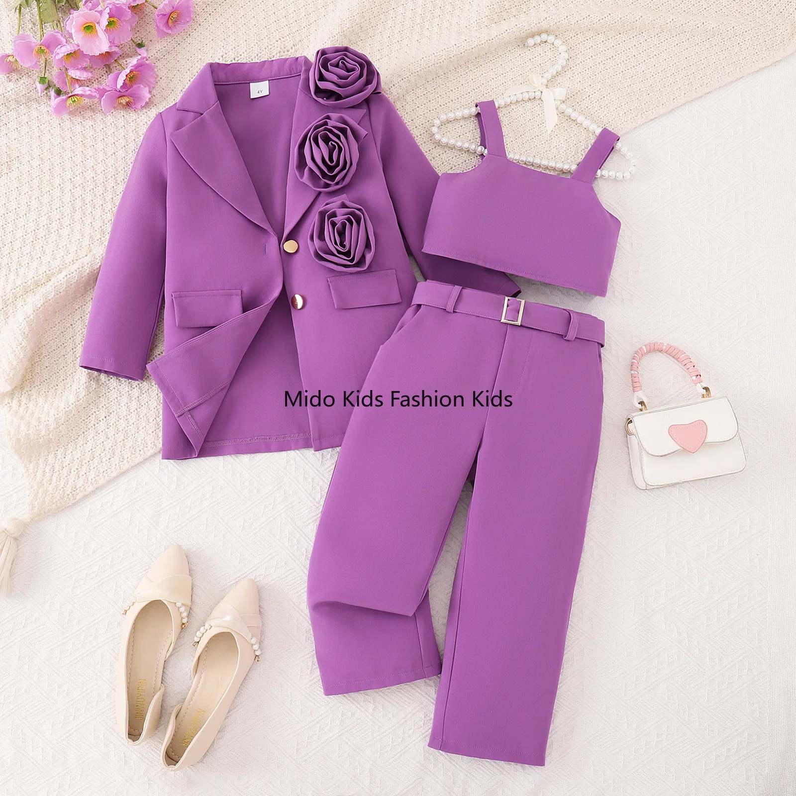 Girls' Autumn/Winter New Collection Solid-Colour 3D Floral Blazer with Strappy Vest and Trousers Multi-Piece Set