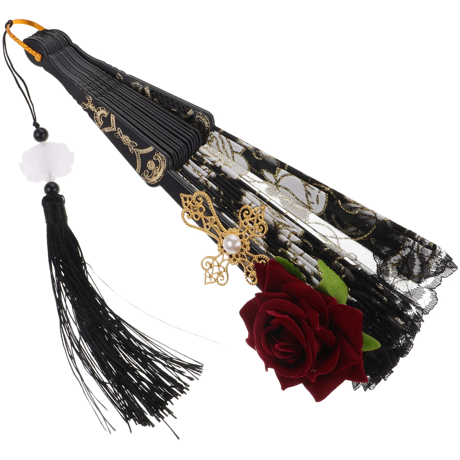 

Rose Lace Folding Fan Black Hand Held Lightweight Foldable Decorative Wedding Party Photo Prop Lace Fan