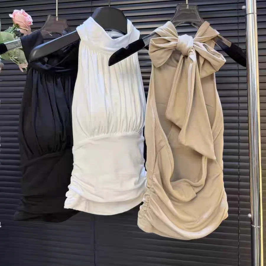 2025 New Style Women's Sexy Short Sleeve Vest Frayed  Hanging Neck Strap Integrated Pad Pleated Slimming Versatile Cotton...