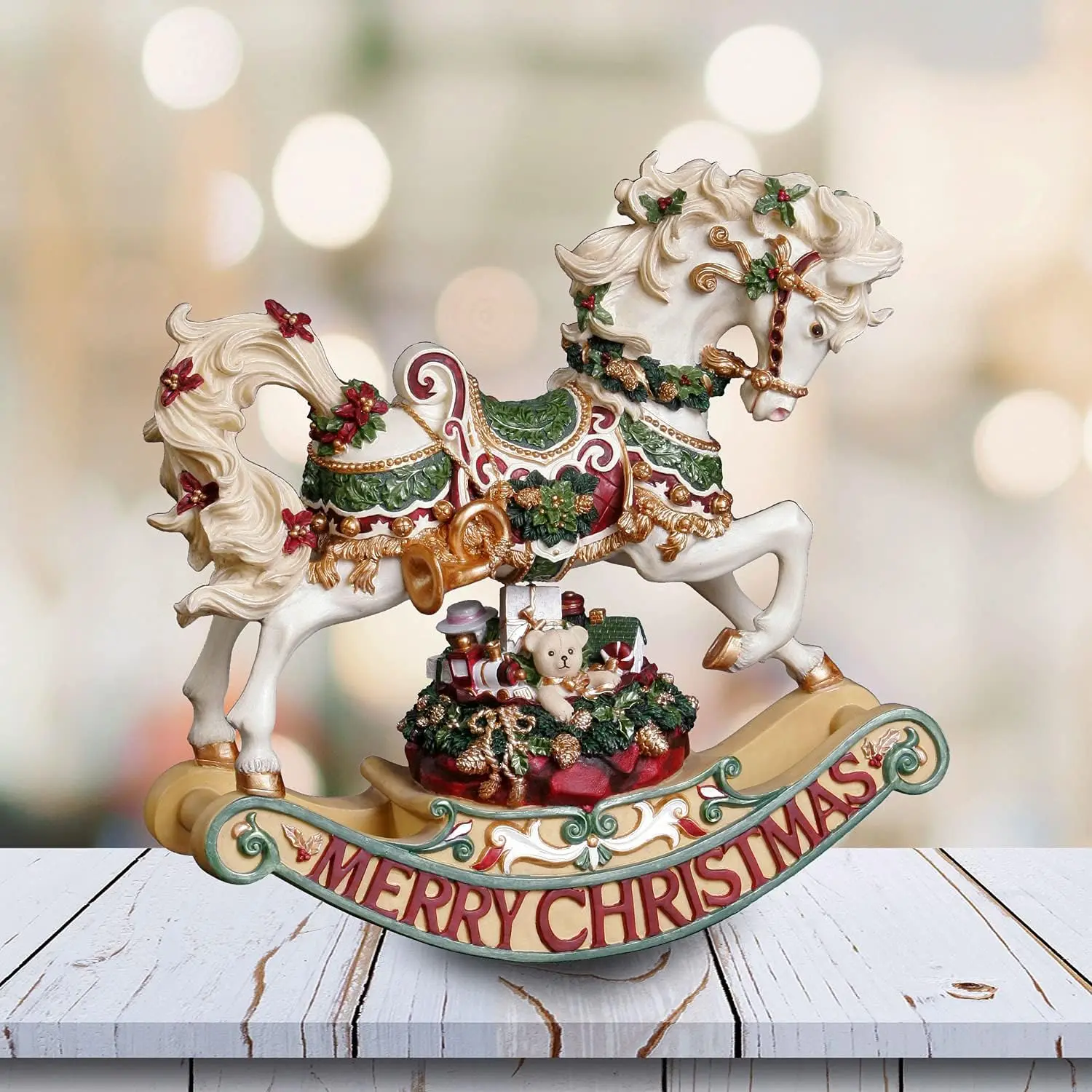 Musical Rocking Horse Figurine, Christmas Holiday Collectible Decorative Display for Seasonal Home Decor