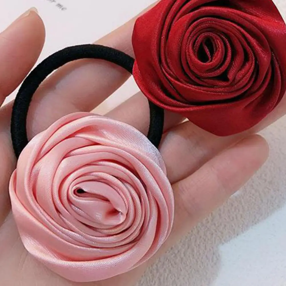 Retro Rose Hair Scrunchie Glossy Satin Hair Tie with Handcrafted 3d Rose Flower Style Soft Fabric Hair Rope Elegant Petal Design
