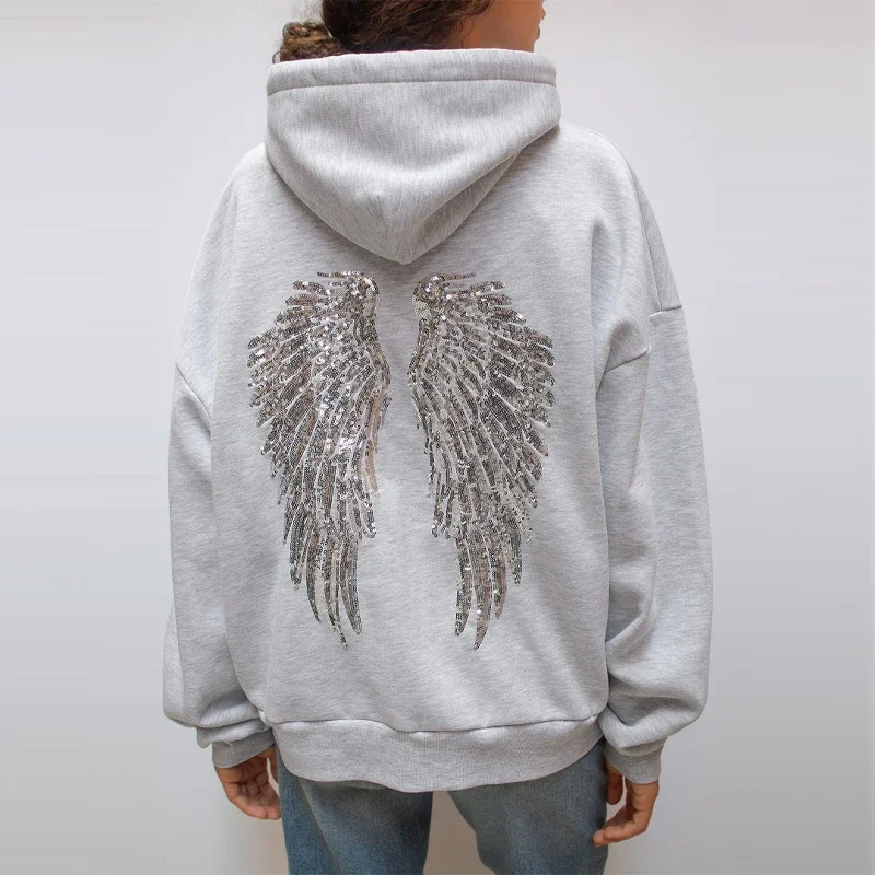 Pailletten-Engelsflügel-Kapuzenpullover für Damen, lockere Langarm-Pullover, Top zum Abnehmen, Yoga-Hose, Set, 2025, neue lässige Damen-Zweiteiler-Sets – Detail 3
