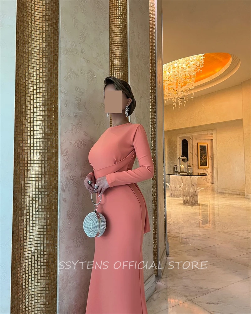 Sexy Blush Orange Satin Mermaid Evening Prom Dresses Long Sleeve Customized Arabian Dubai Formal Dress Long Womens Evening Gowns