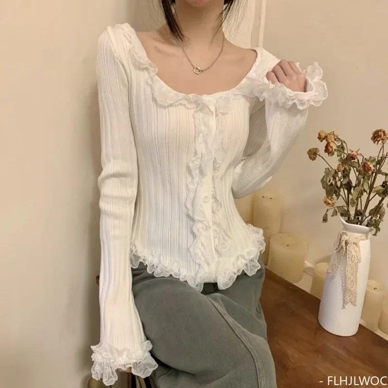 New Year Hot Slim Fitted Ruffles White Lace Sweater Jumper Women Girls Japan Style Retro Vintage Chic Korea Short Knit Pullovers